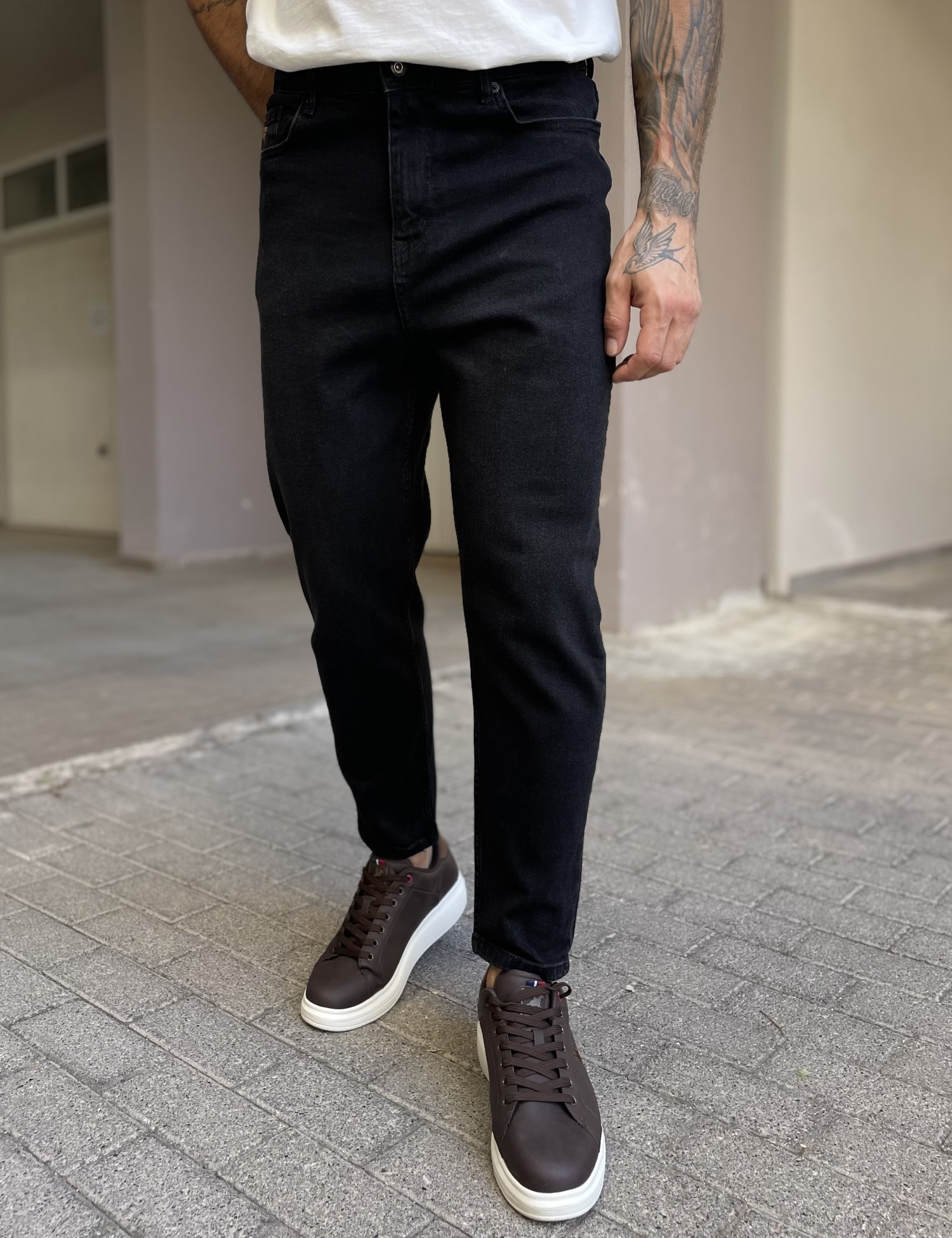 G8 Ανδρικό μαύρο πλυμένο ελαστικό loose τζιν πεντάτσεπο με φερμουάρ G88115